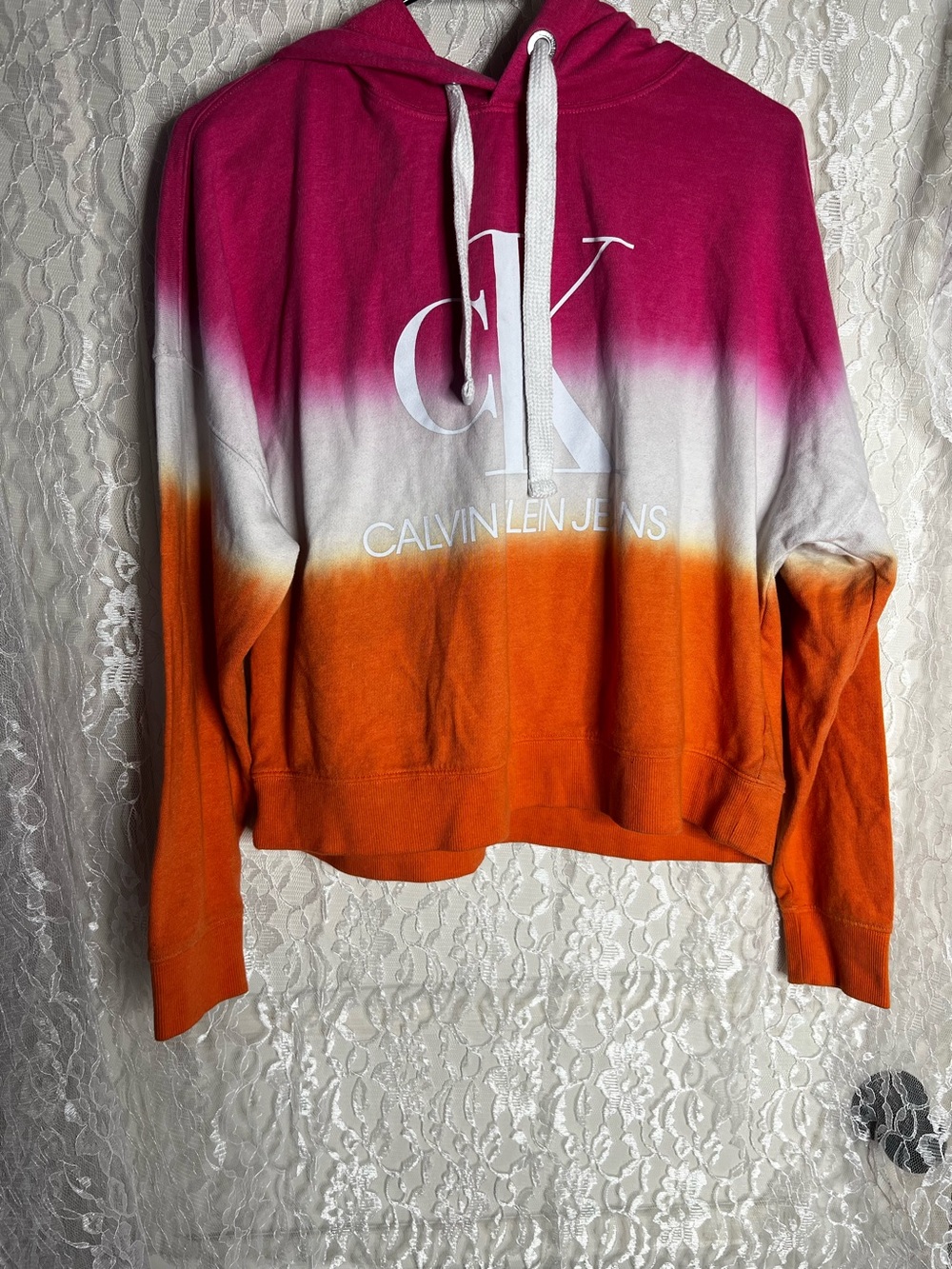 Calvin Klein Jeans Pink and Orange Tie Dye Oversized Cropped Hoodie Medium